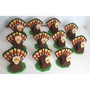 Vintage Plastic Canvas Needlepoint Thanksgiving Turkey Napkin Holders Set of 11